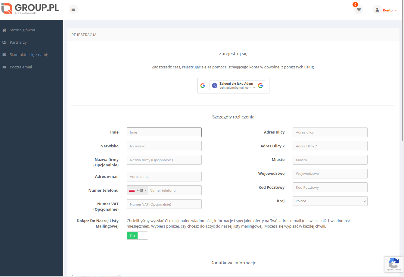 Formularz rejestracji nowego konta klienta IQhost.pl