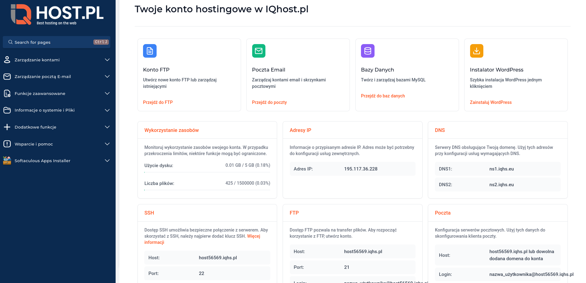Panel DirectAdmin pokazujący informacje o koncie hostXXXX