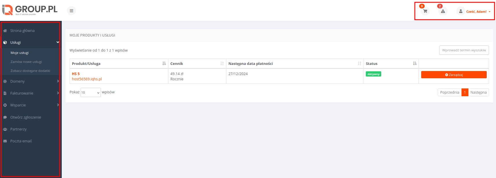 Główne menu nawigacyjne w Panelu Klienta