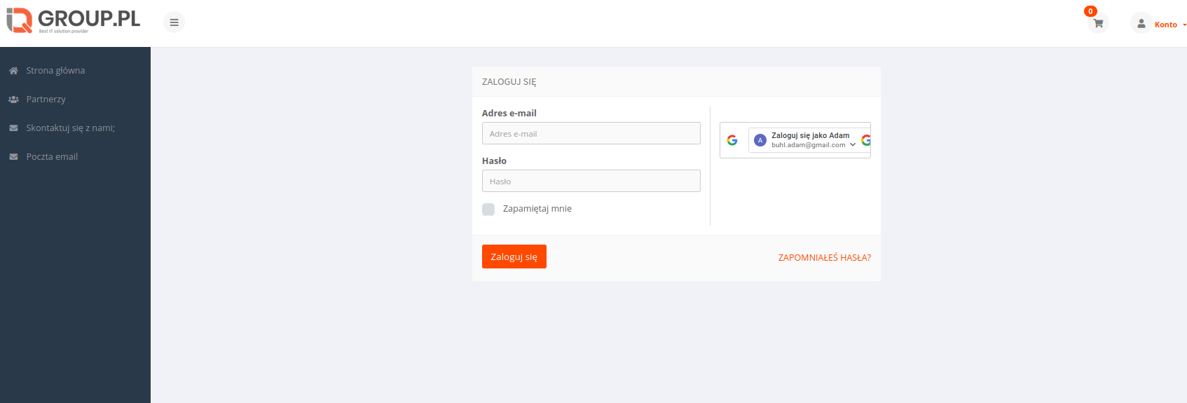 Strona logowania do Panelu Klienta IQhost