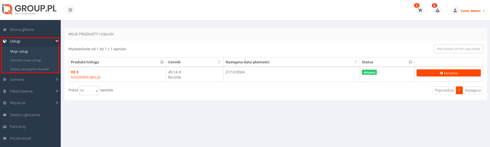 Górne menu Panelu Klienta z podkreslona zakładką "Usługi"