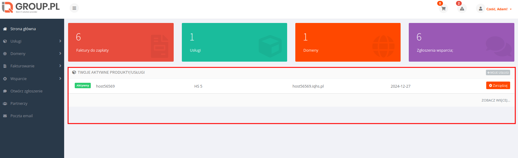 Sekcja "Moje usługi" na pulpicie Panelu Klienta