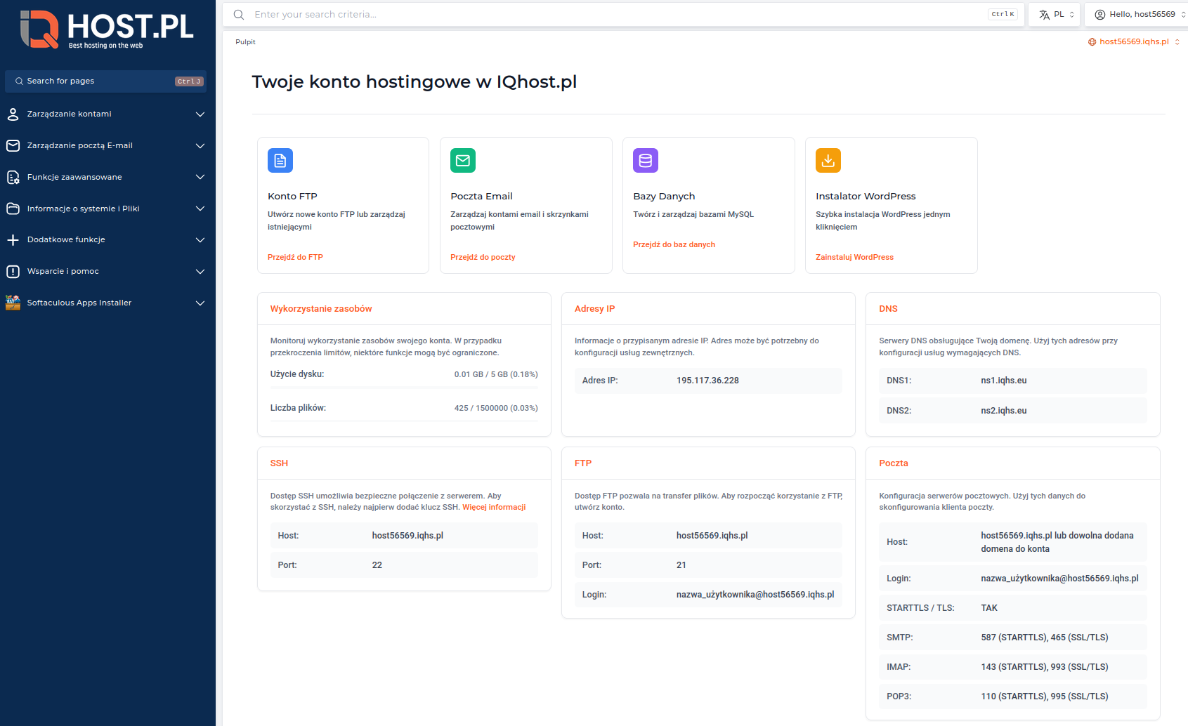 Główny panel DirectAdmin po zalogowaniu z widocznymi wszystkimi sekcjami