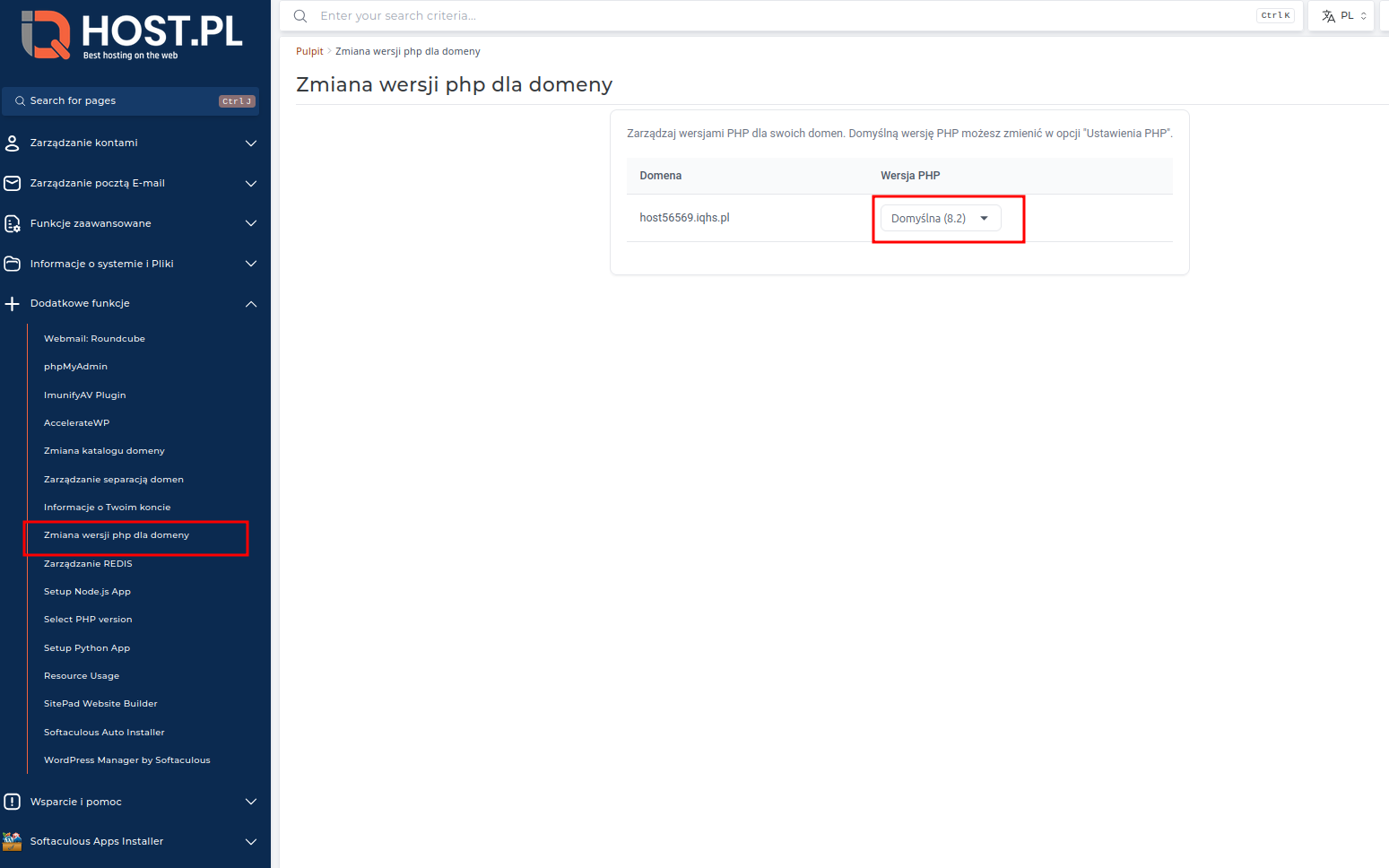 Ekran wyboru wersji PHP dla domeny w DirectAdmin