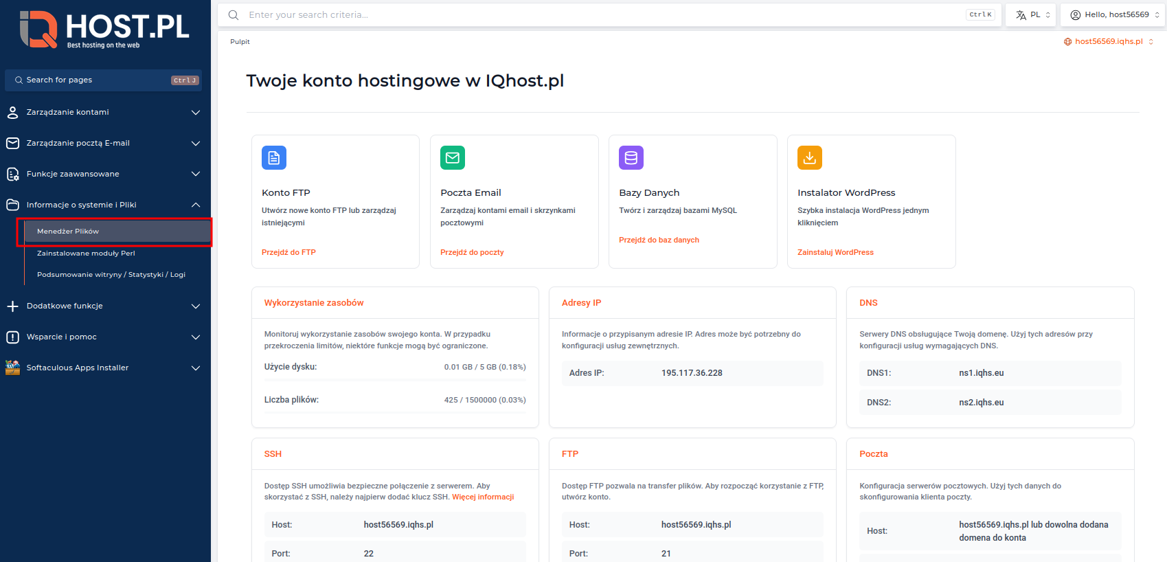 Panel DirectAdmin z zaznaczoną opcją Menedżer plików w sekcji Twoje konto