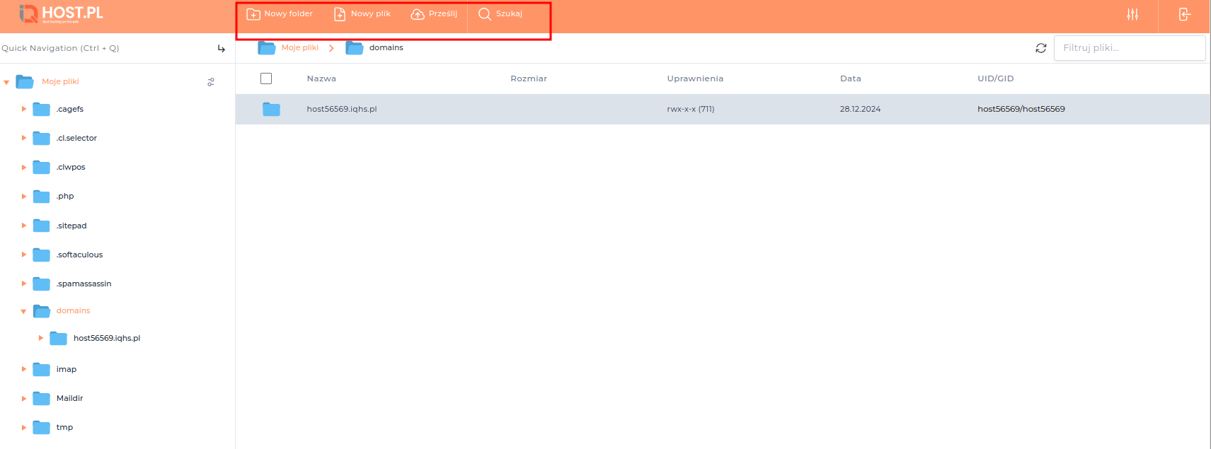 Górny pasek narzędzi w interfejsie Menedżera Plików DirectAdmin