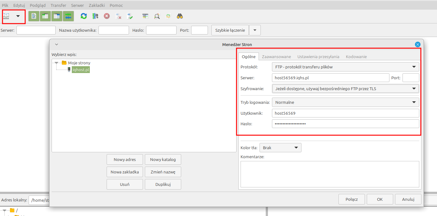 Interfejs FileZilla po nawiązaniu połączenia z serwerem FTP