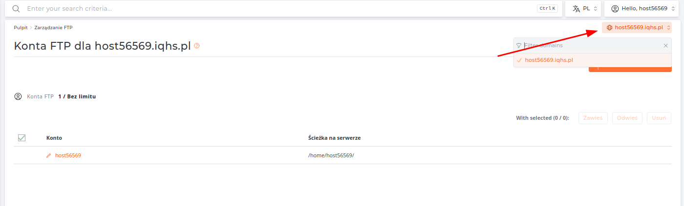 Formularz tworzenia nowego konta FTP w DirectAdmin