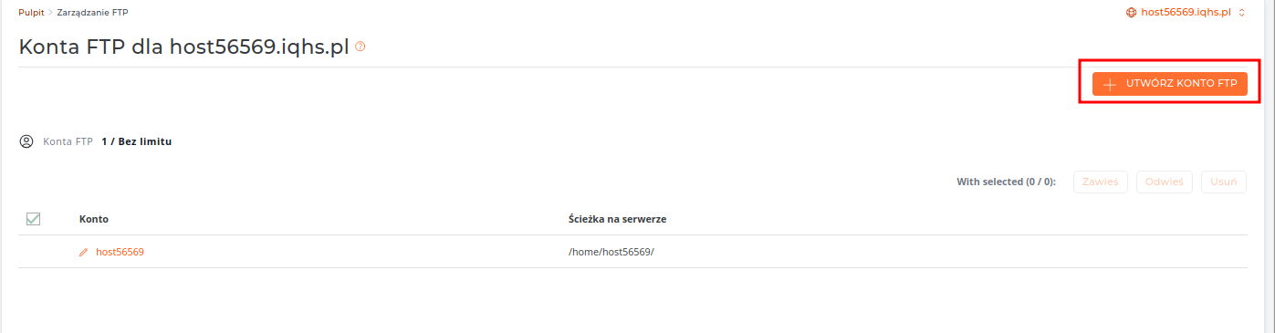 Formularz tworzenia nowego konta FTP w DirectAdmin - ustawienia katalogów