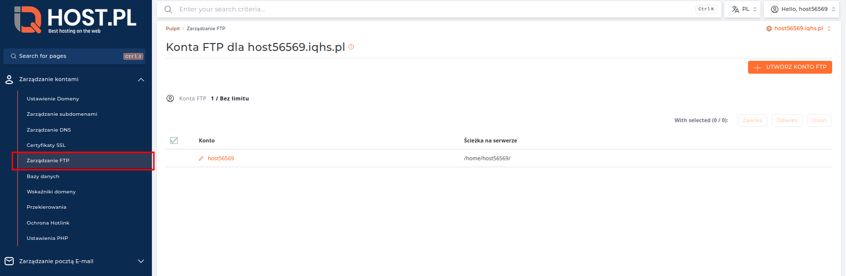 Sekcja Zarządzanie FTP w panelu DirectAdmin