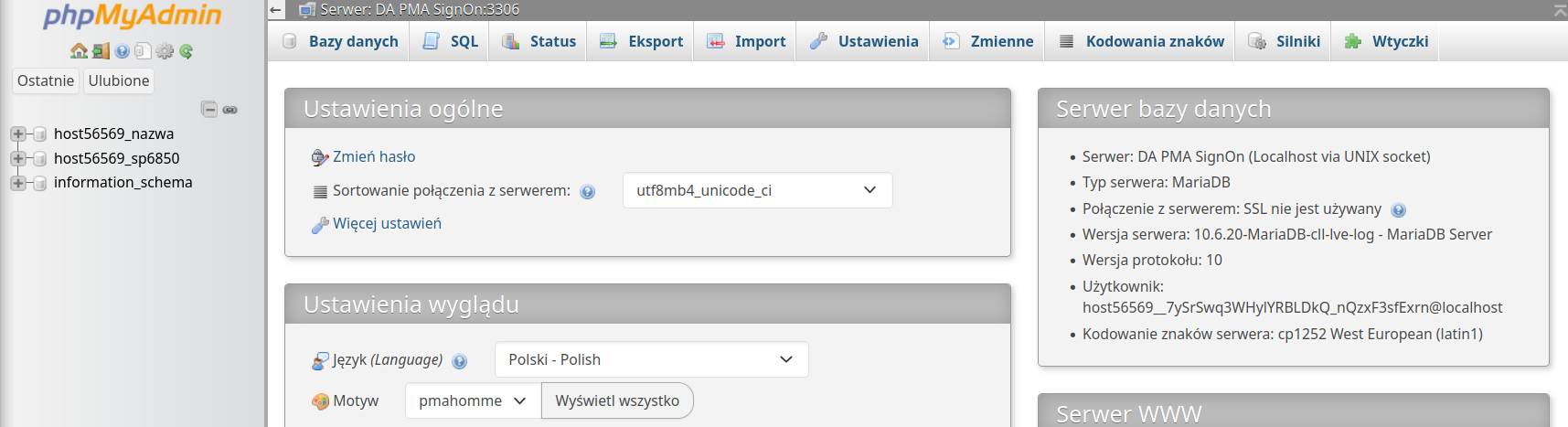 Interfejs phpMyAdmin po zalogowaniu