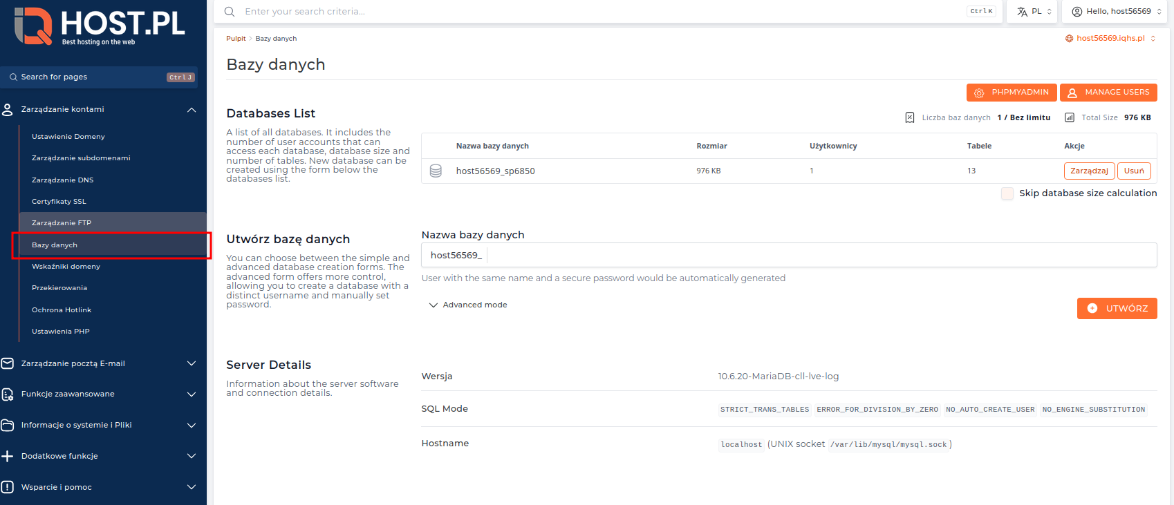 Sekcja Zarządzanie MySQL w panelu DirectAdmin