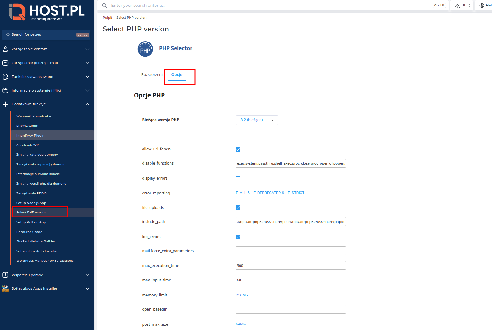 Konfiguracja limitów PHP w DirectAdmin
