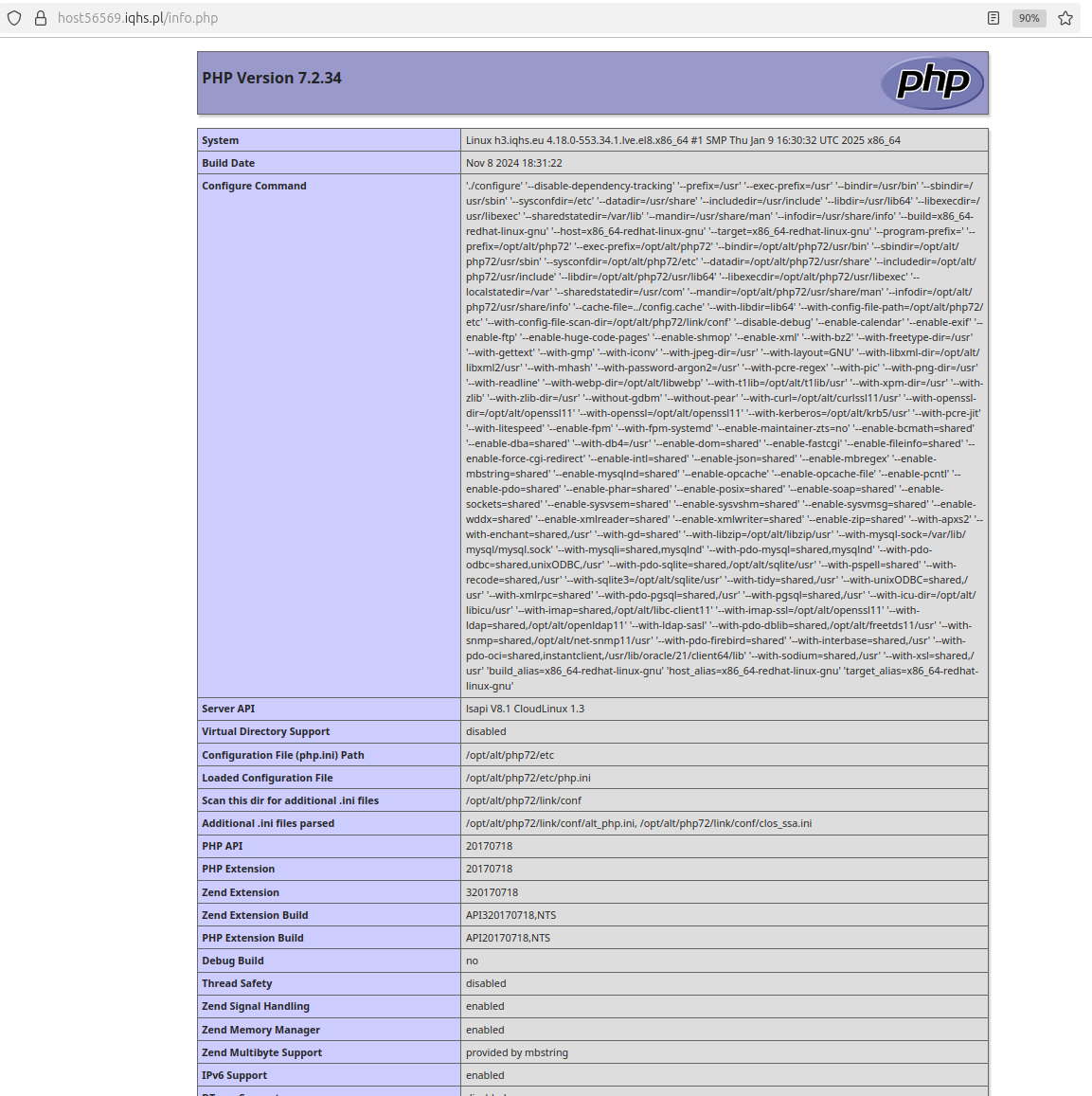 Przykładowy wynik phpinfo() z informacją o wersji PHP