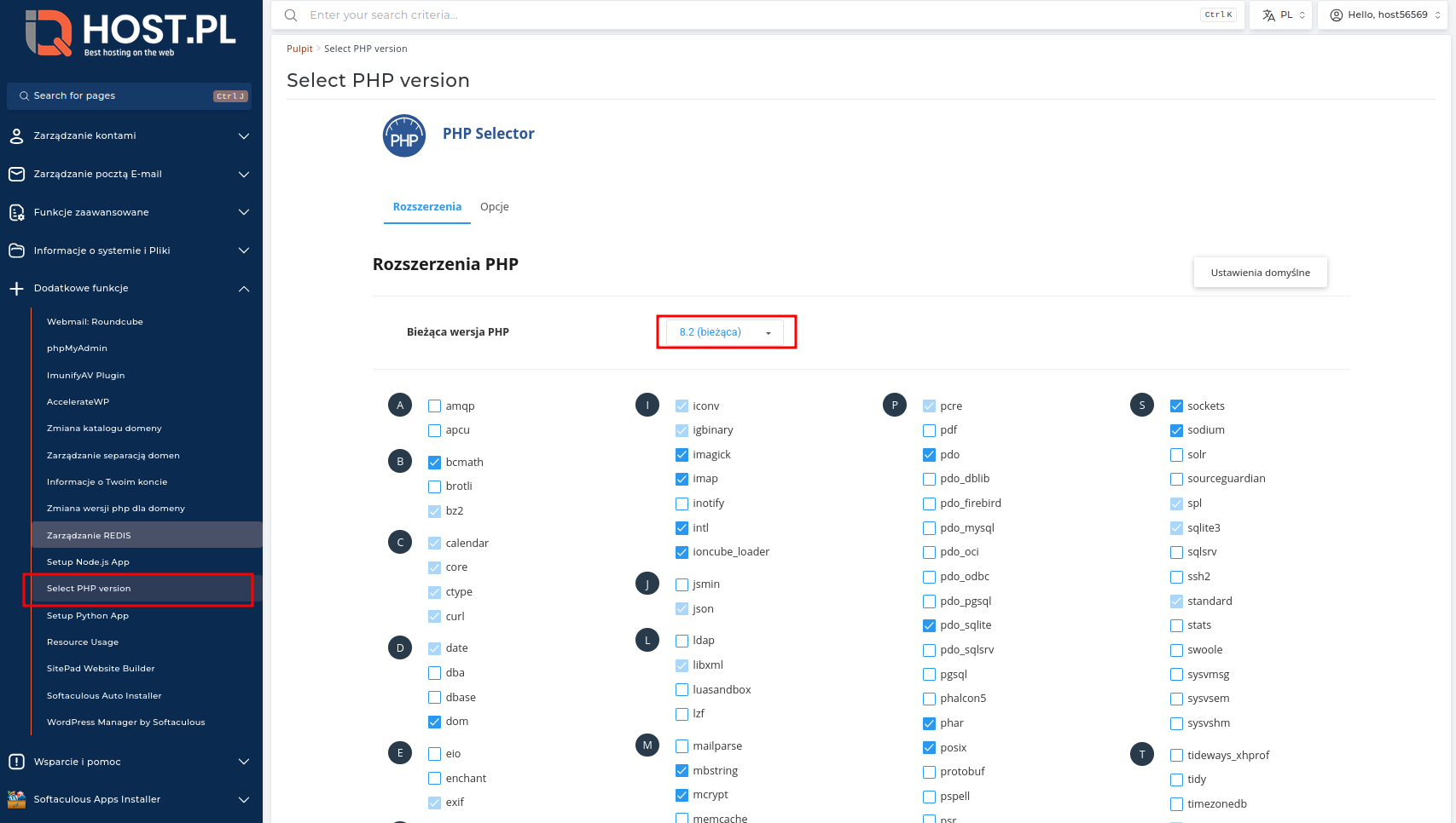 Globalny interfejs PHP Selector w DirectAdmin