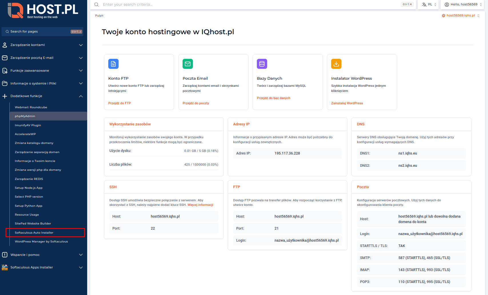 Panel DirectAdmin z zaznaczoną opcją Softaculous/Instalator Skryptów