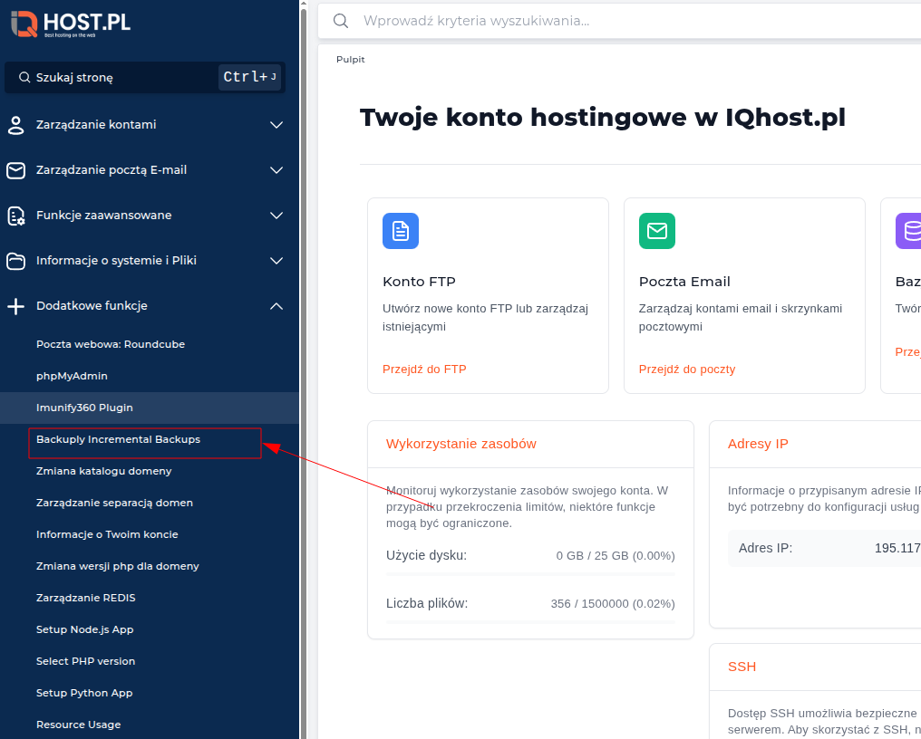 Lokalizacja opcji Backuply Incremental Backups w menu DirectAdmin