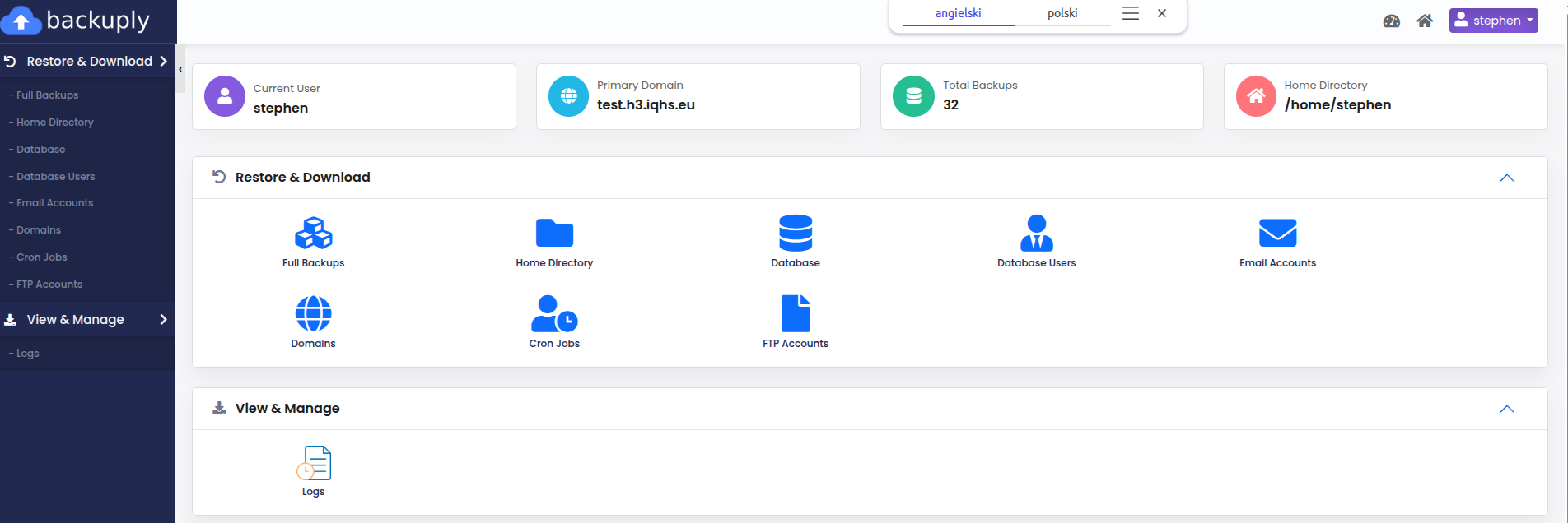 Główny interfejs Backuply z opcjami przywracania danych