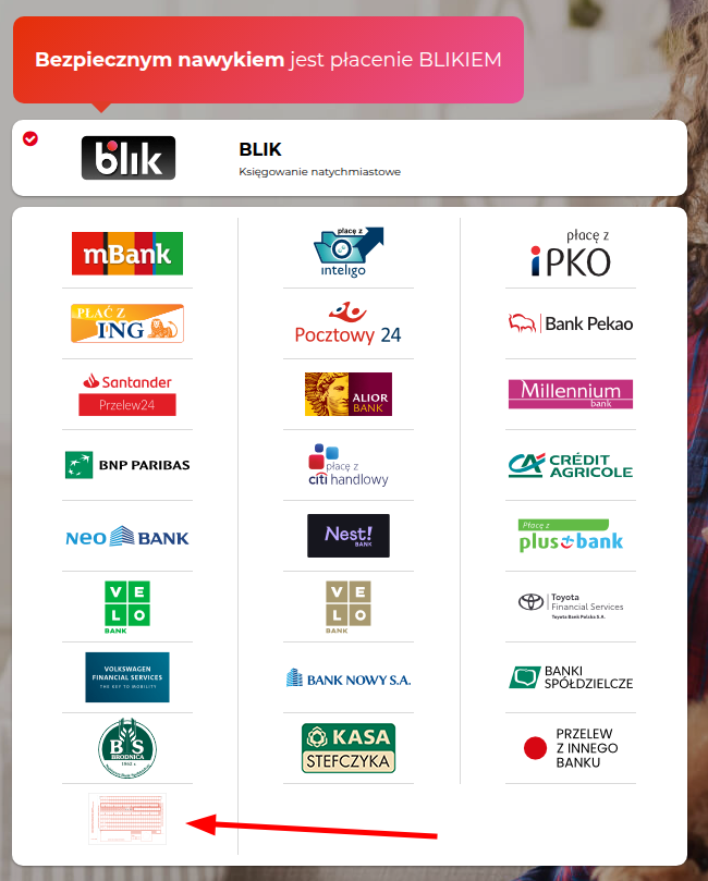 Wybierz opcję „PRZELEW Z INNEGO BANKU" na dole rozszerzonej listy