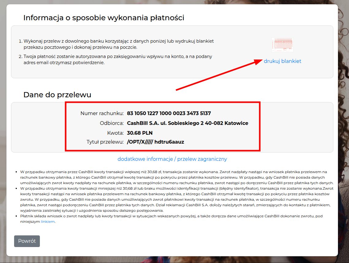 Dane do przelewu wygenerowane przez bramkę płatniczą